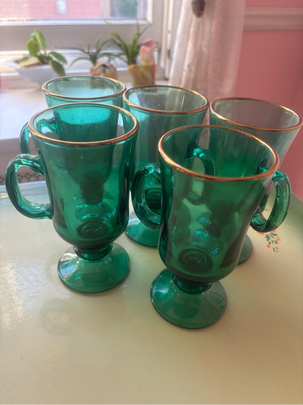 Vintage Libbey Tulip Dark Green Glass Irish Mugs ~ Set Of 5
